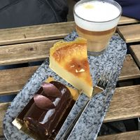 Cappuccino, flan and a beautiful chocolate berry dessert  at VG Pâtisserie in Paris