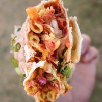 BBQ Jackfruit Burrito with Mac and Cheese, Coleslaw, and Chipotle Sour Cream. SUPER TASTY! at WongWayVeg - Food Truck in Denver
