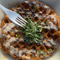Kimchi waffle — highly recommend !  at WongWayVeg - Food Truck in Denver