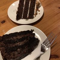 Top: vegan Biscoff / Speculoos cake, bottom: vegan Belgian chocolate 3 layers  at Chapter One in Manchester