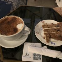 Coconut chai latte & vegan gf toffee, date & walnut cake  at Chapter One in Manchester