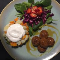 Meatlessballs with russian salad.  at Musgo in Aveiro