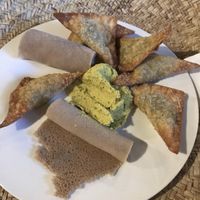 Veggie sambussa and herbed hummus   at Ras Kassa's in Lafayette