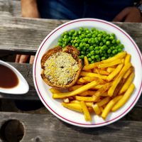 Creamy mushroom pie with chips and peas at The Monument in Canterbury