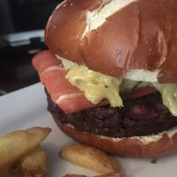 Mac and cheese burger with vegan bacon and smokey ketchup  at The Monument in Canterbury