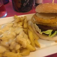 BBQ Burger with Cheesy Fries. SCRUMPTIOUS!  at The Monument in Canterbury