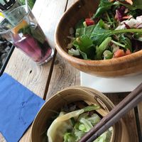 Dumplings and salad at Super Natural in Antwerpen