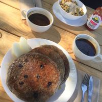 blue corn pancakes & breakfast bowl at Skull & Cakebones in Dripping Springs