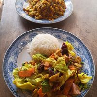 Stir fried veggies with tofu and rice 35k + curry fried rice in the background 35k at The Garden of Nang in Don Det