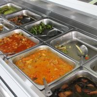 Buffet of curries and stir fries  at Vege Food Station in Kota Bharu