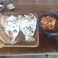 Very vegan tacos and a side of Mexican rice at Esparza's Tacos & Coffee in Chatan