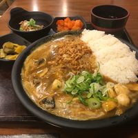 Coconut cream mushroom curry with rice and extra of green onion and Natto on the side  at Kore Curry - 고레 카레 in Seoul