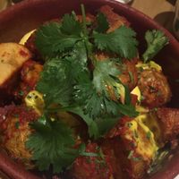 this was a hot mezze - Patatas Bravas - Spanish fried potatoes with smoked pepper and tomato sauce and saffron aioli - ca. 3 Euros at Dobrumba in Budapest