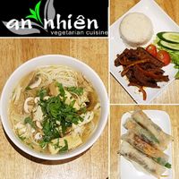 Rice noodle soup with soy fillet on side, Lemon grass chilli and seaweed nuggets and rice, peking wraps at An Nhien Vegetarian Cuisine in Cabramatta