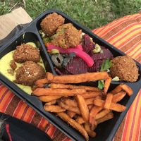 falafel plate with sweet potato fries, hummus and different kinds of salads at Yalla Yalla Falafel in Bremen
