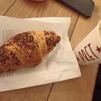 Choco croissant and cappuccino at Pret A Manger - Great Eastern St in London
