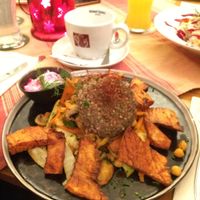 Grain patties on top of a bed of veggies at Stiftskeller in St Florian