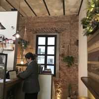 Way to downstairs at La Colectiva Cafe in Madrid