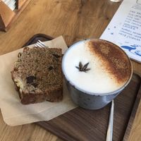 Chai tea latte and banana bread  at La Colectiva Cafe in Madrid