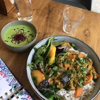 Best meal ever. Meal of the day that soup was insane! at La Colectiva Cafe in Madrid