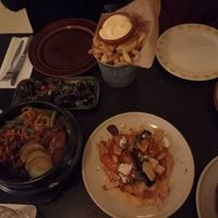 Slechte foto, lekker eten. Vegan gado gado, seitan, frietjes met vegan mayo, geroosterde wortels, geroosterde pompoen at Het Concerthuis in Groningen