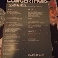 Menu, V = vegan, (V) = vegan mogelijk at Het Concerthuis in Groningen