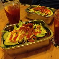 Seitan Kapsalon with Blackberry iced tea at Het Concerthuis in Groningen