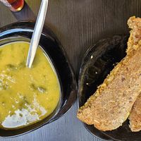 Cream of the day with smoked saucisses grilled cheese at Vegana By Tentúgal in Porto