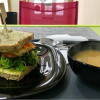 Soup of the day and olive-tofu sandwich at Vegana By Tentúgal in Porto