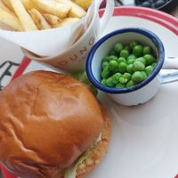 Kids vegan falafel burger peas option and chips  at Lounges - Brunello in Weston-super-mare