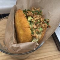 Deep fried arepa with guacamole SO SO GOOD (highly highly recommend) at Condende in Sevilla