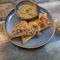 Eggplant and walnut dip with sesame flatbread at Simone's Kitchen in Antwerpen