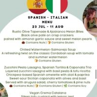 Spanish Italian Menu 44€
Rustic Olive Tapenade & Ajoblanco Melon Bites
Chilled Watermelon-Salmorejo Soup
Zucchini Pesto Lasagna, Spanish Tortilla & Caponata Trio
Vegan Crema Cata at Simone's Kitchen in Antwerpen