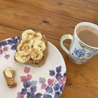 Pb banana cinnamon toast and soya chai  at Trimutri in Dharamkot