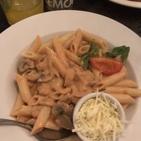 Vegan tomato cream pasta with bacon and mushrooms at Novecento in Haarlem