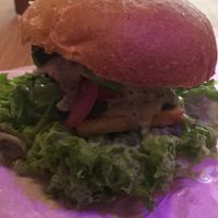 One of the two vegan burgers with tofu  at OM NOM NOM in Lviv