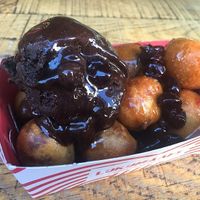 vegano 2.0 - chocolate sorbet, cherrys in syrup, praline filled lukumades at Lukumades in Athens