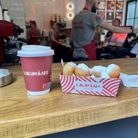 Doppio espresso and lukumades with powdered sugar.  at Lukumades in Athens
