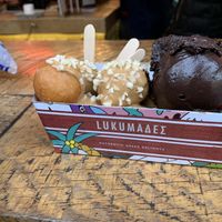 “Vegano”: filled with vegan chocolate praline, topped with almonds, peanut butter and vegan chocolate ice cream. at Lukumades in Athens