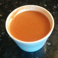 Chipotle sweet potato bisque. This was amazing! SO yummy. Tasted like there was bacon in it with a beautiful chipotle taste and spiciness. Highly recommend this soup! at GOOD Grains in Toronto