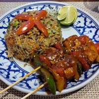 Wild Tribe Fried-Rice with BBQ Tofu Skewers at Wild Tribe Cafe in Koh Samui