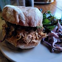 Pulled jackfruit bun - slaw is vegan at The Fuchsia Caffe in Tenby