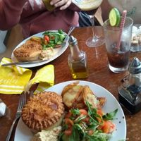 coronation pie, with Sautéed potatoes and salad. Martini expresso and cuba libre at The Fuchsia Caffe in Tenby