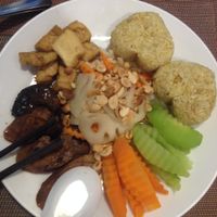 Yummy rice and veggie plate at Spring Lotus - Duong Sinh Chay in Hanoi