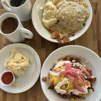 tofu scramble w/ jackfruit brisket & Miami potatoes, biscuits & gravy over tofu scramble and hash-browns.   at Off The Griddle - Southeast in Portland