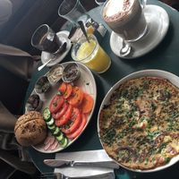 Vegan breakfast with pea omelette and veggies, chai latte and fresh pressed juice (56 shekels ) at Cafe Bastet in Jerusalem