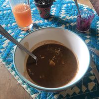 Black frijoles and Chile ancho soup at Suwa Restaurante Vegano in Queretaro
