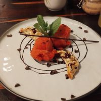 Hot and cold dessert with apple dumplings and strawberry ice-cream. at Wei&Wei in Aachen