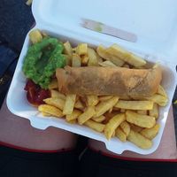 Haggis, mushy peas and chips at Land and Sea Fish and Chip Shop in Polmont