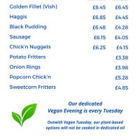 Most recent vegan menu as at 2nd October 2024  at Land and Sea Fish and Chip Shop in Polmont